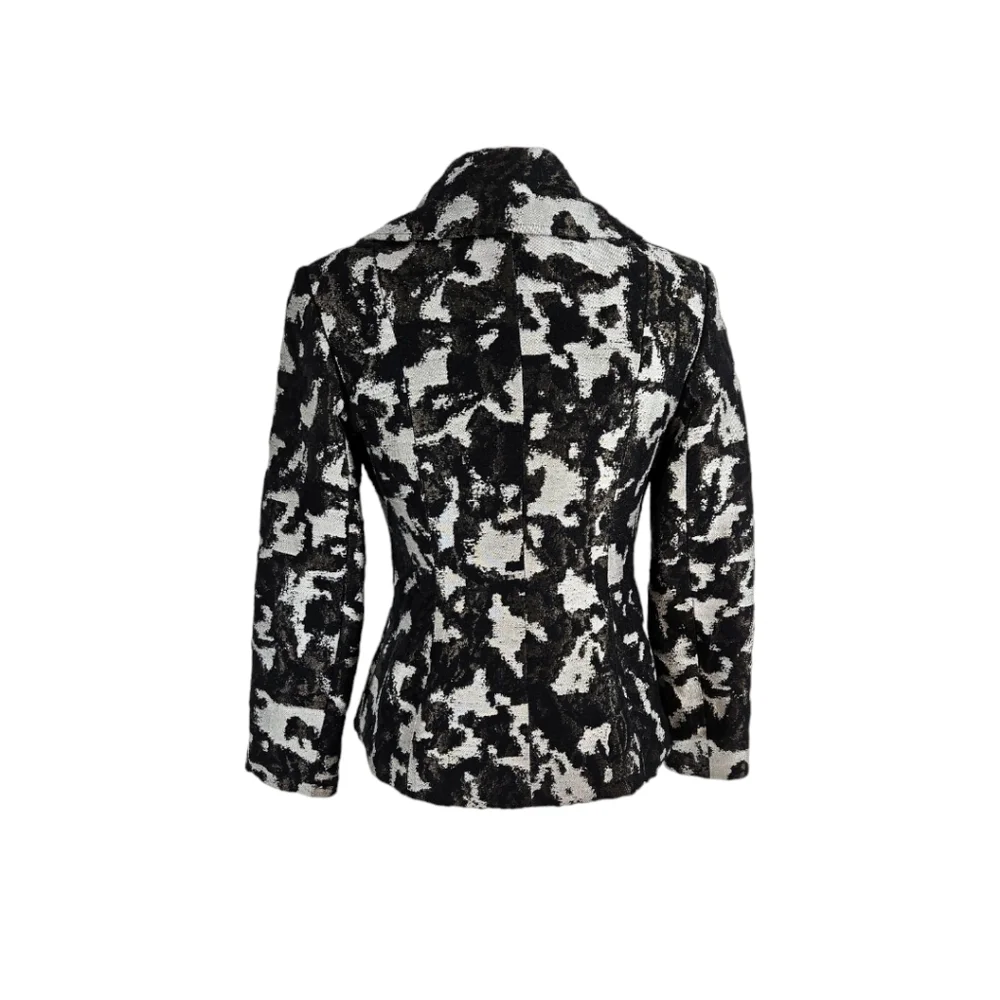 Lafayette 148 Black & Grey Abstract Animal Print Asymmetric Zipper Wool Blazer